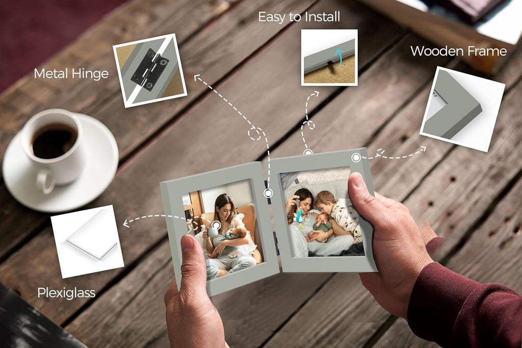 Double 4x4 Square Combo, Grey Wood Picture Frame, 3.5x3.5 Opening Foldable Photo Frame on Table-top or Wall
