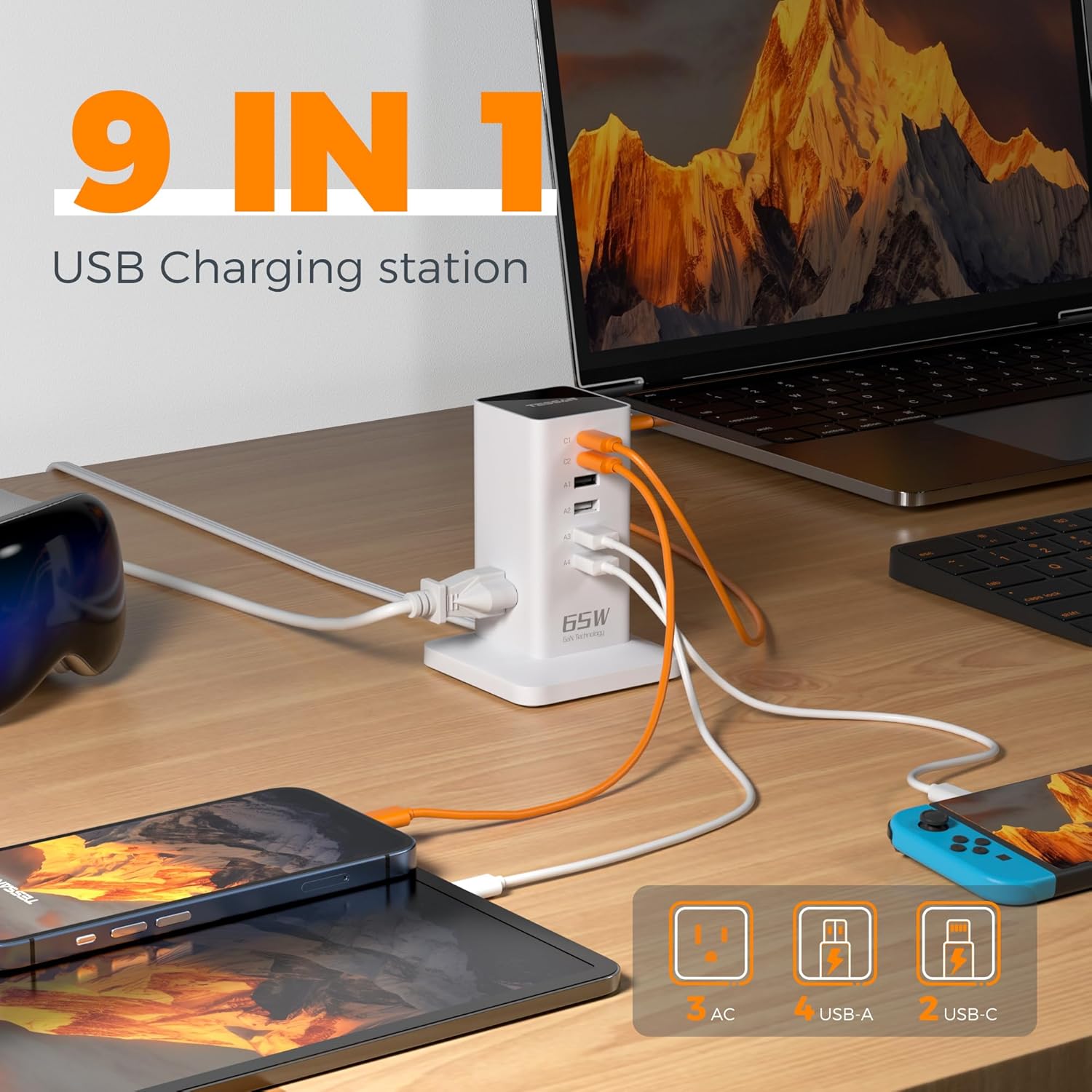 USB Charging Station for Multiple Devices PD 65W, TESSAN 9-in-1 USB C Charger Block for iPhone 17/16/15, MacBook, Tablet, Type C Desktop Charger with 3 AC, Home Travel Office Accessories, White