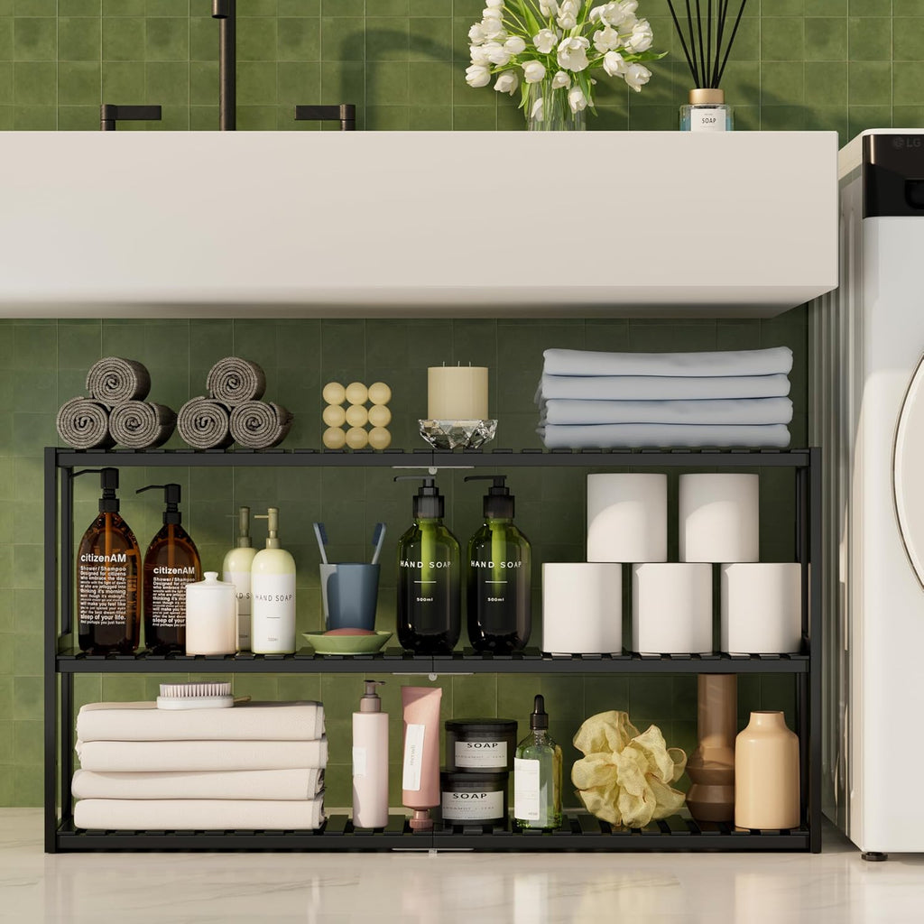 Extra Long Bathroom Organizer Storage Shelves 100% Bamboo Adjustable Height Over The Toilet Storage Floating Shelf for Wall Shower Shelf Can Placed in The Bathroom Kitchen Living Room for Multi Usage