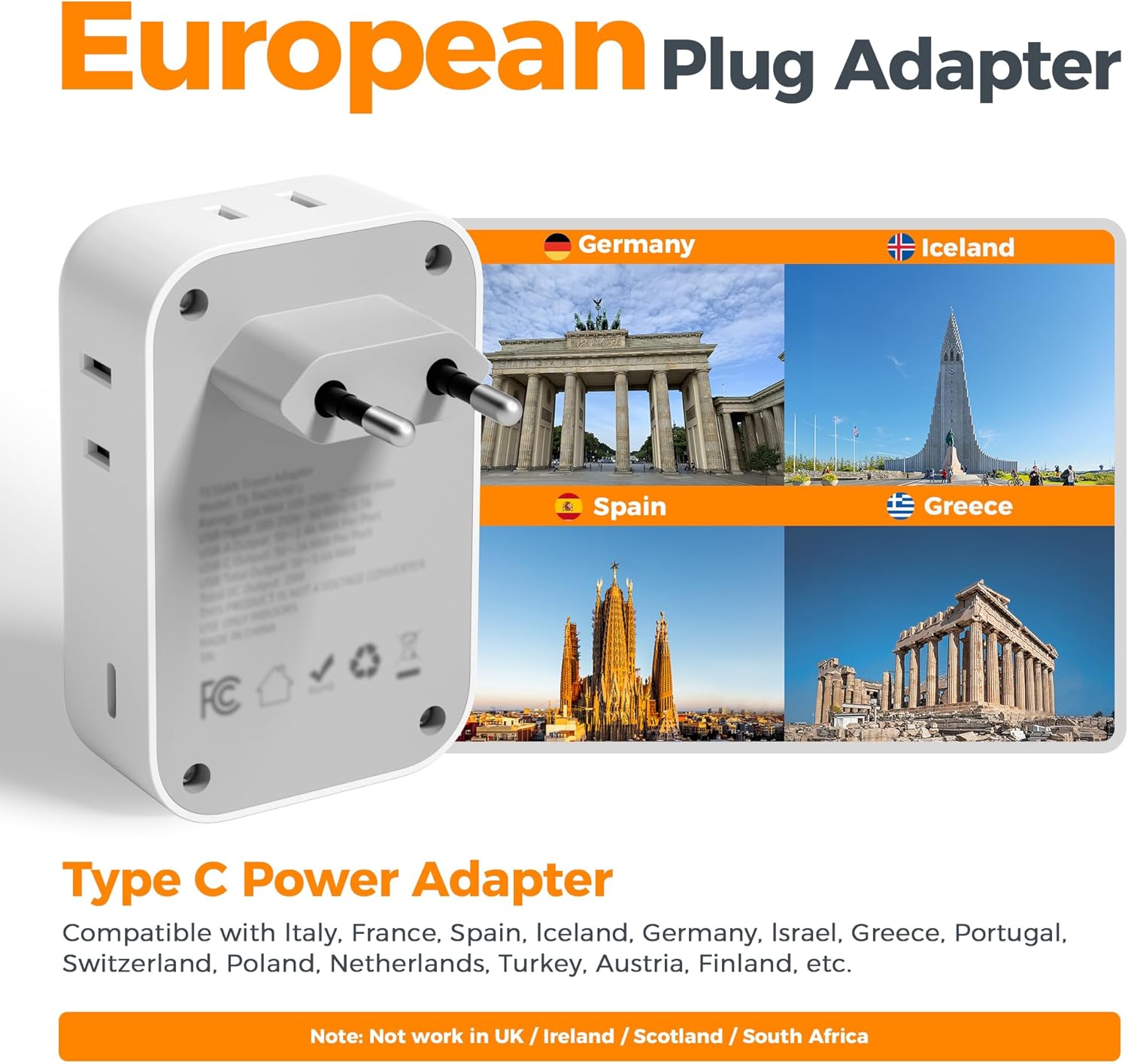 TESSAN European Travel Plug Adapter 2-Pack, US to EU Outlet Adaptor with 4 AC Outlets & 5 USB Ports (3 USB-C 28W), Type C Power Adapter for Italy France Germany Spain Greece Iceland