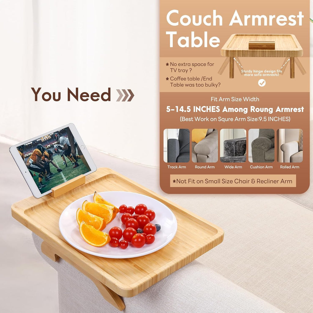 SINWANT Couch Arm Tray Table, Large Bamboo Couch Armrest Table with Phone Holder,Foldable Sofa Armrest Tray for Eating Snacks Drinks Remote Books Arm Chair