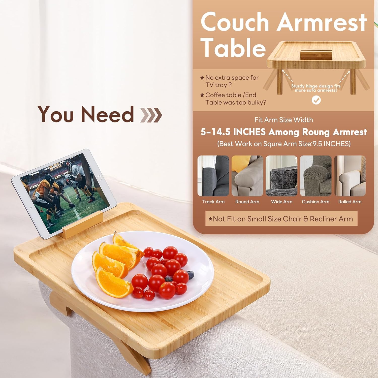 SINWANT Couch Arm Tray Table, Large Bamboo Couch Armrest Table with Phone Holder,Foldable Sofa Armrest Tray for Eating Snacks Drinks Remote Books Arm Chair