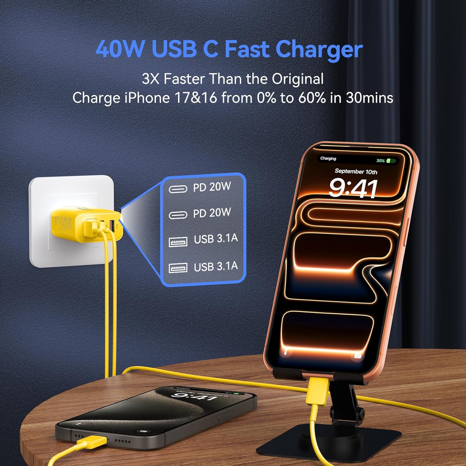 USB C Wall Fast Charger Block, 40W 4-Port Type C Chargers Fast Charging Blocks PD Power Charger Adapter+QC 3.0 USB Multiport Charger Brick for Phone 17/16/15/14/13/12 Pro Max, i-Pad, Galaxy S25-2Pack