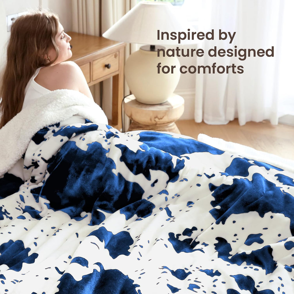 Cow Print Electric Heated Blanket Queen-Dual Control Heating Blanket Queen Size with 10 Heat Levels & 10 Hours Auto-Off, Cozy Soft Fleece Sherpa, Washable, 84x90 Inche Cow Print Blue