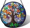 Stained Glass Window Hanging, Butterfly Tree Clover Sun Catchers Glass Panel Blue Suncatcher Decor for Birthday for Women, Men, Wife, Aunt, and Mom 6.3 in