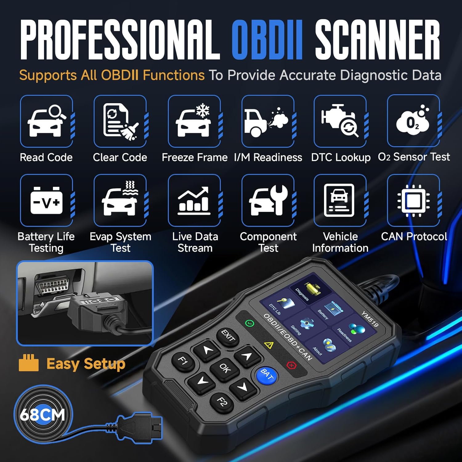 Enhanced Universal OBD2 Scanner with Battery Tester - Car Engine Fault Code Reader CAN Diagnostic Scan Tool, Read and Clear Error Codes for 1996 or Newer OBD2 Protocol, Plug & Play