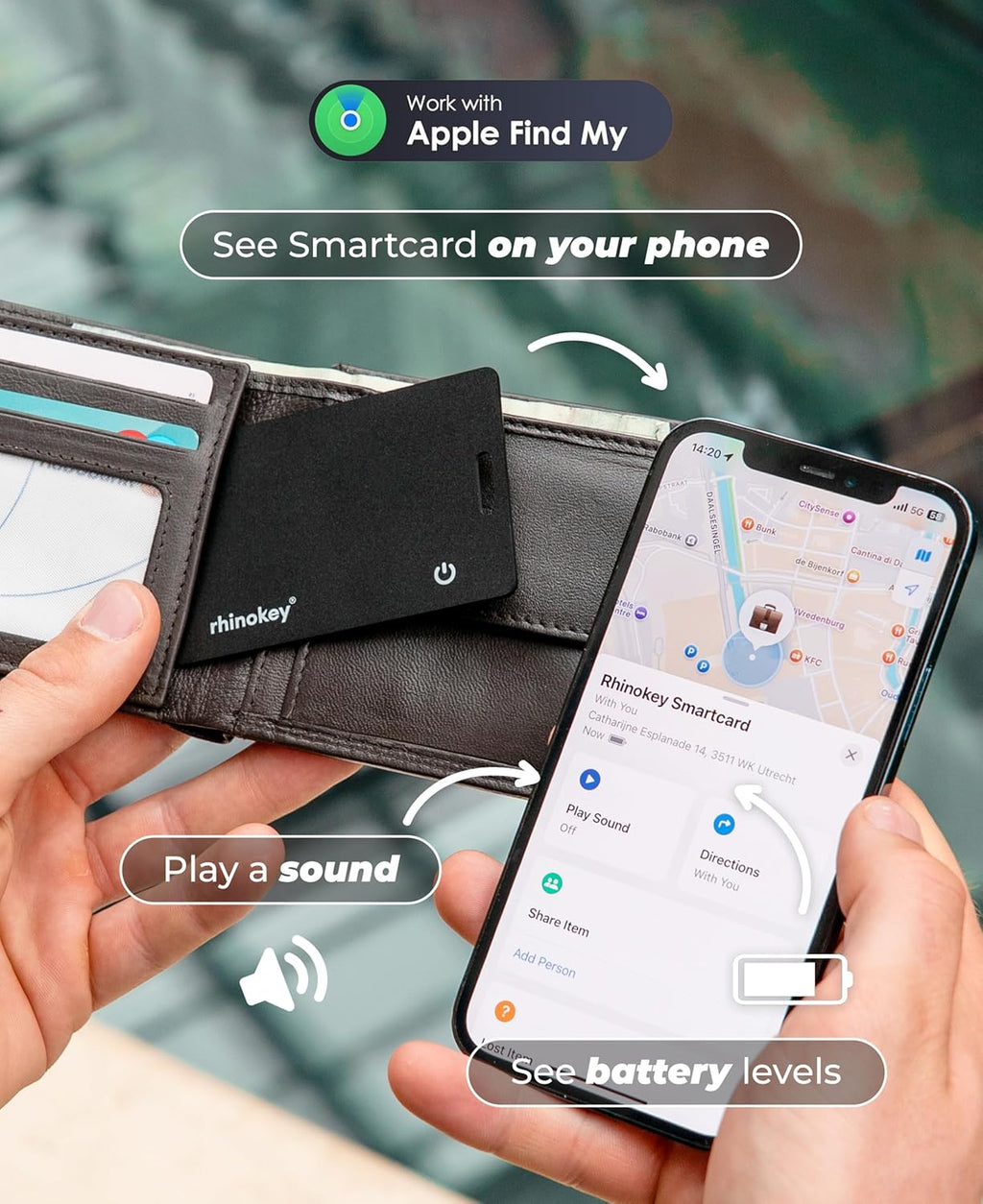 Rhinokey® Wallet Tracker Card (iOS Only) - Slim Rechargeable 1.8mm Thin Tracker, Airtag Wallet IP68 Waterproof, Apple Find My Luggage Tags, Item Finder with Key Chain Hole