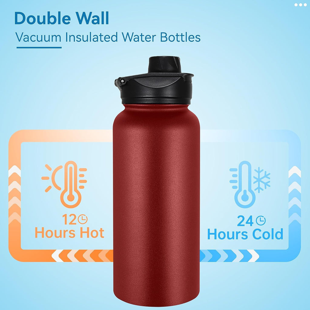 VEGOND 32 oz Insulated Water Bottle Stainless Steel Metal Water Bottles with Leak Proof Straw Lid & Spout Lid, Wide Mouth Double Walled Vacuum Travel Sports Bottle, Red