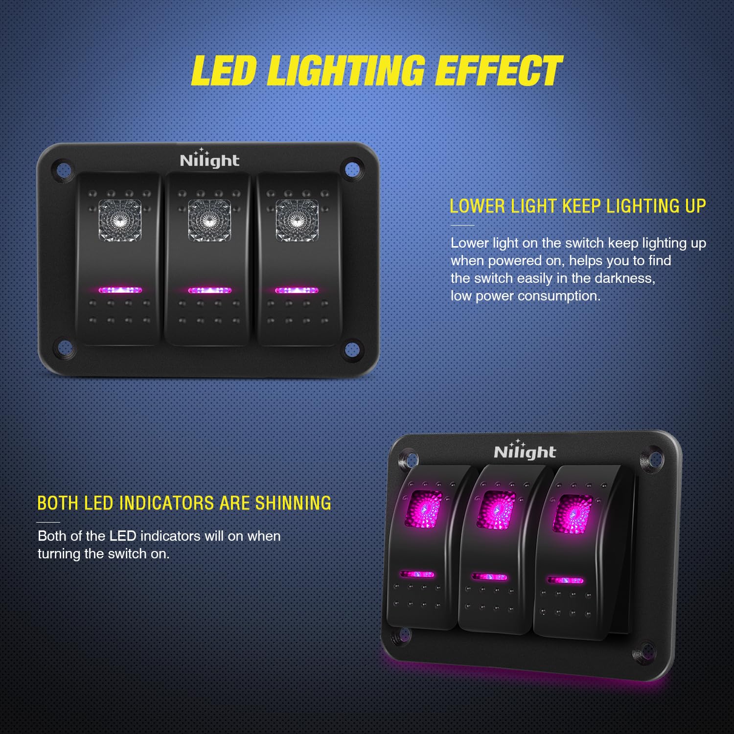 Nilight 3 Gang Aluminum Rocker Switch Panel 5 Pin ON Off Pre-Wired Pinkish Purple Toggle SPST 12V 24V Night Glow Stickers for Cars Marines Boats Campers RVs