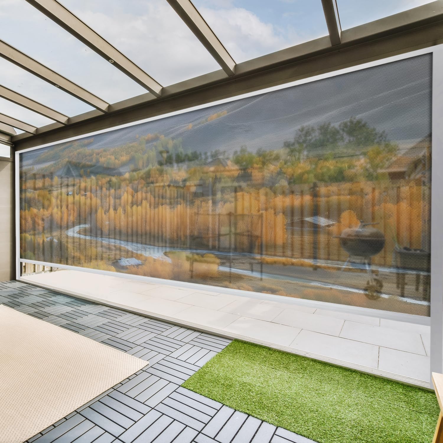 ZSHINE Hard-Wired Outdoor Snow Blocking Weatherproof Motorized Patio Roller Shades Remote Control for Porch Balcony Customized Size (Printing 10% Openness)