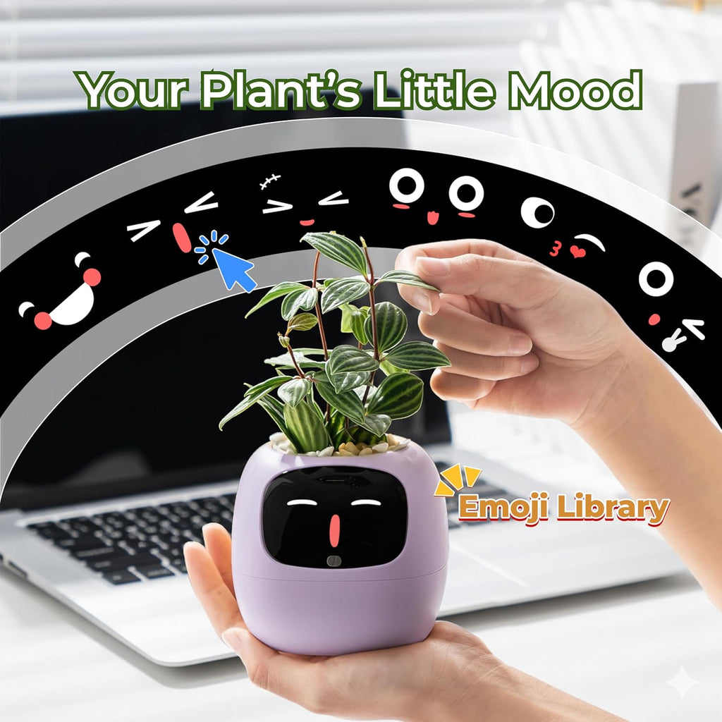 Ivy AI Smart Plant Pot with Emoji Intelligent Planter Robot for Houseplants Tamagotchi Flower Pot Stylish Plantagotchi Home Decor(Violet)