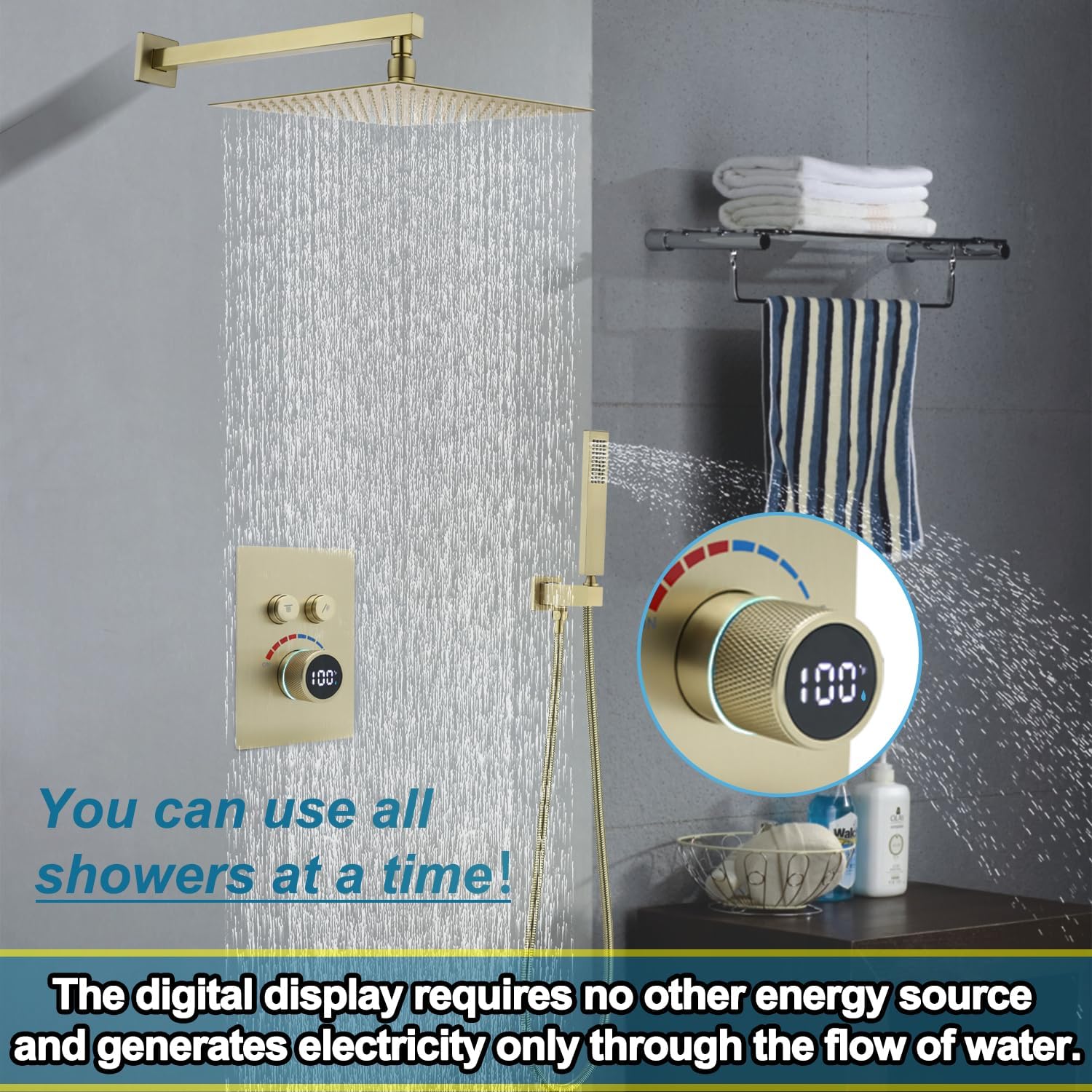 Digital Display Shower Valve Shower Valve 2 Way Shower Diverter Valve Shower Mixing Valve Can Use All the Time Brushed Gold