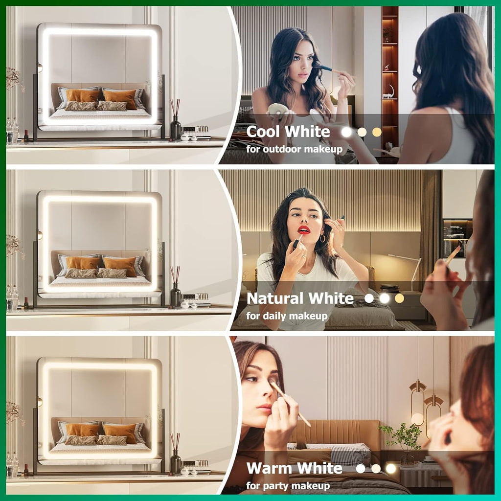 Hasipu Vanity Mirror with Lights, 24.2" x 18.9" LED Make up Mirror, Light up Mirror with 10X Magnification and USB Charging Port, Phone Holder, Smart Touch 3 Colors Dimmable, 360° Rotation (Black)