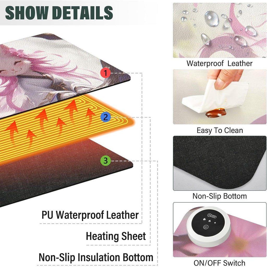 Large Heated Mouse Pad,Leather Desk Mat,31.5"x13",Hand Warmer Pads for Desk,Kitty(White Pink)