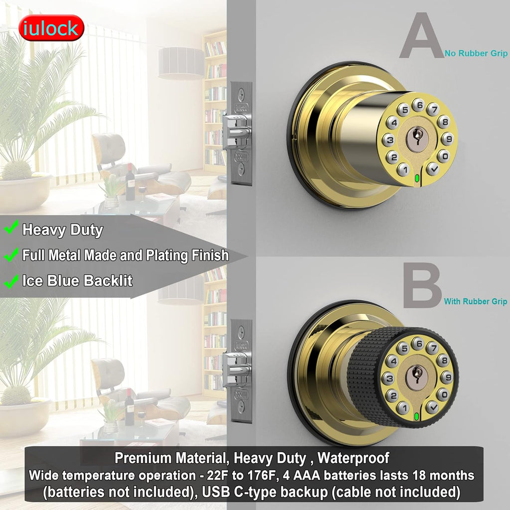 Smart Door Knob with Keypad and Key,Keyless Entry Door Lock with Rubber Grip, Auto Lock,50 User Code,Waterproof, Easy to Install and Program for Bedroom Garage Office Gate (Golden)