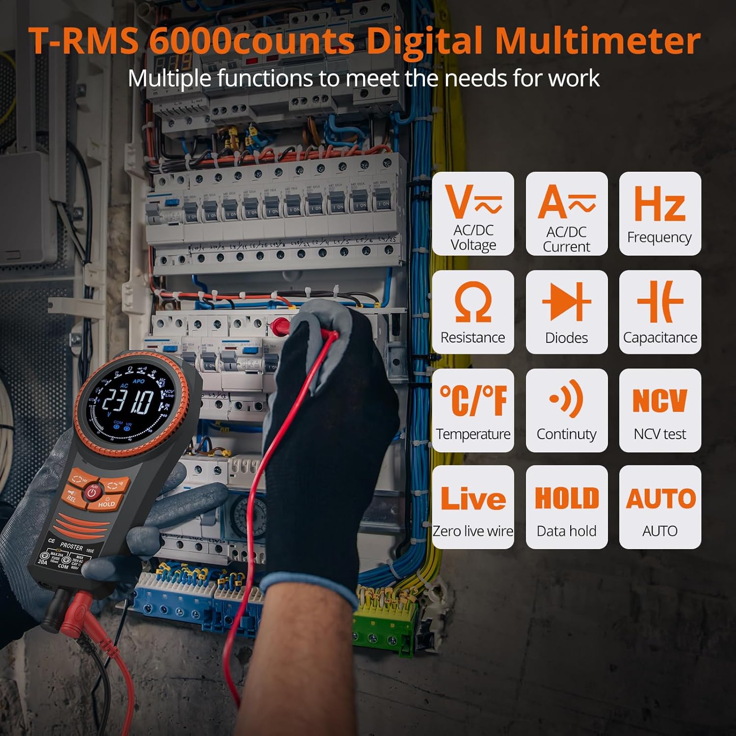 Proster Digital Multimeter 6000 Count Smart Meter TRMS Color Screen Voltage Current Capacitance Tester NCV Temperature