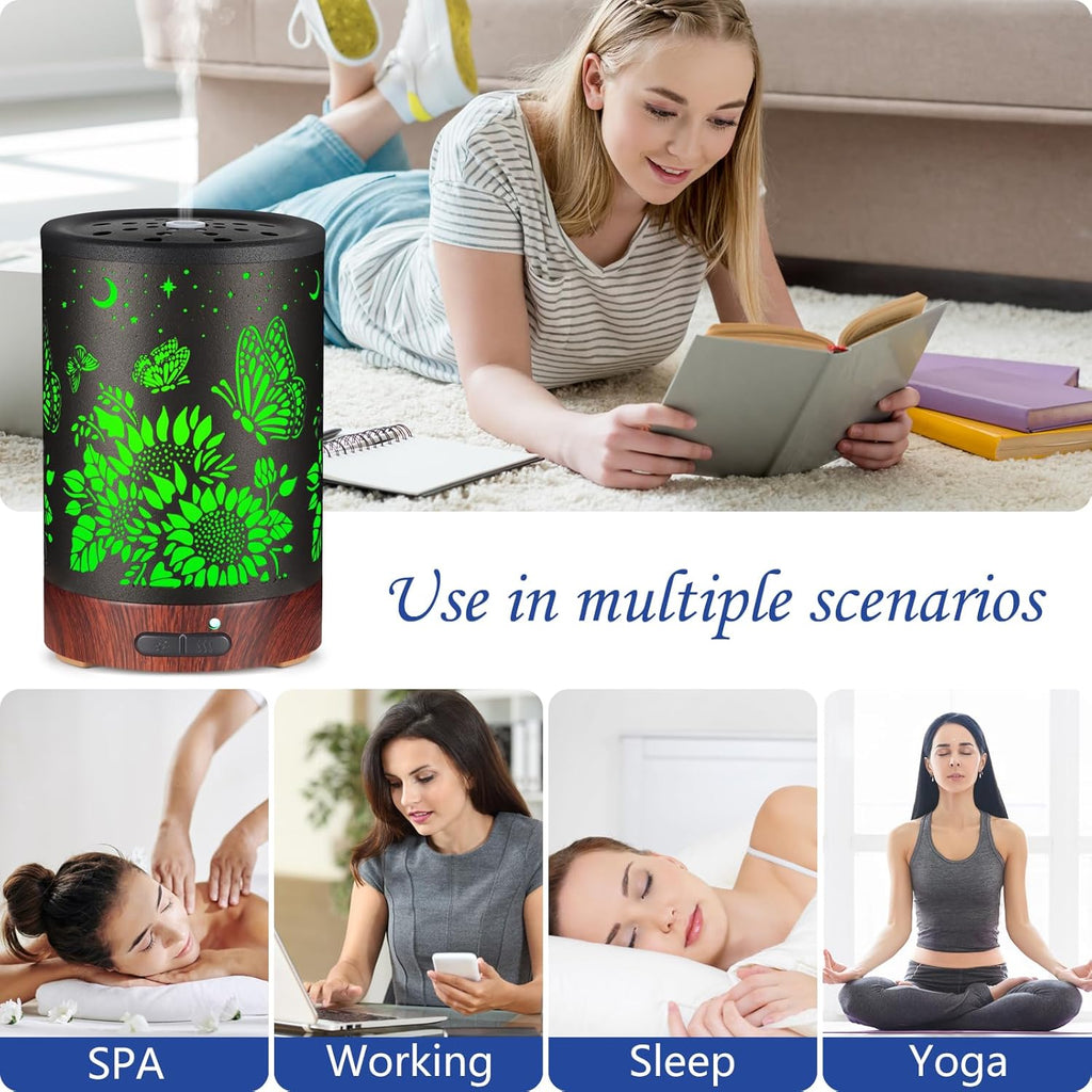 Essential Oil Diffuser- Aromatherapy Diffuser with7 Colors Light and Auto-Off for Women Metal Cool Mist Humidifier for Home and Office for Mom Women（Sunflower + Butterfly）