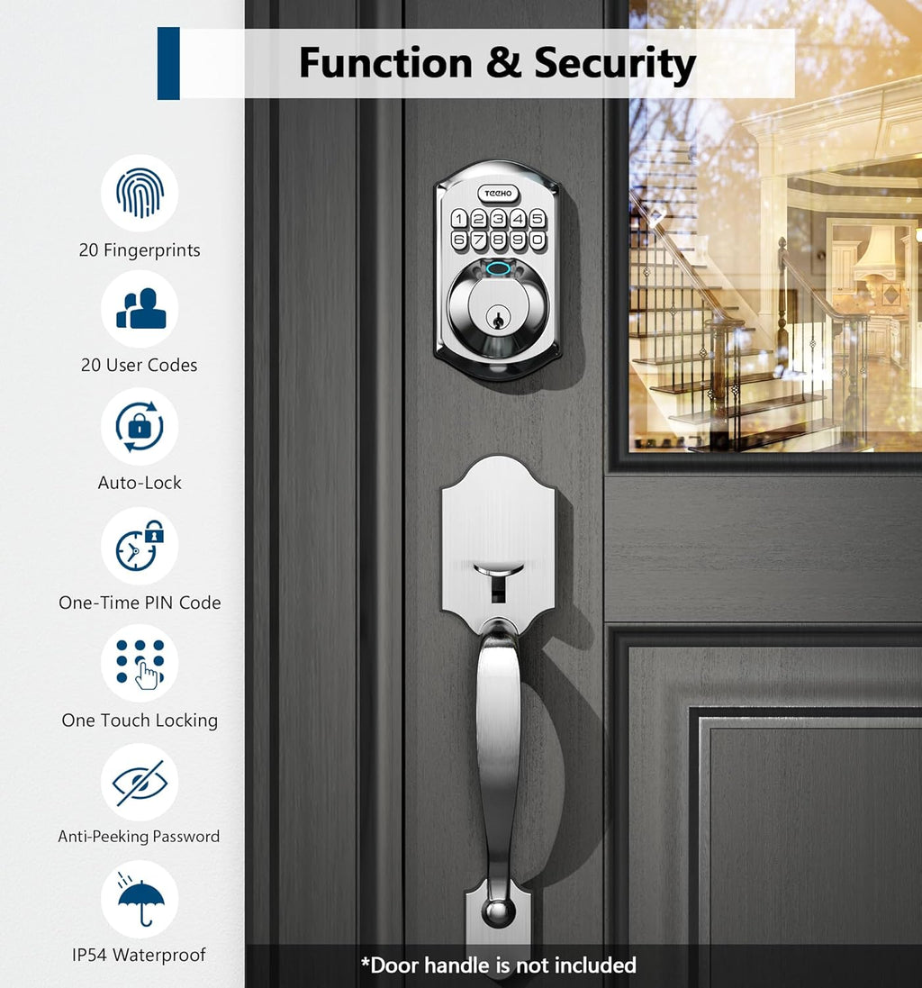 TEEHO TE002 Fingerprint Door Lock - Keyless Entry Door Lock - Electronic Keypad Deadbolt - Smart Locks for Front Door - Auto Lock - Easy Installation - Satin Nickel
