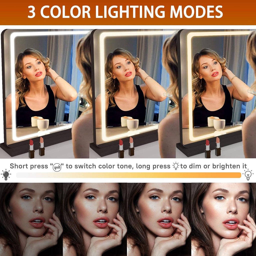 Hasipu Vanity Mirror with Lights, 31.5" x 22" LED Makeup Mirror, Lighted Makeup Mirror with Dimmable 3 Modes, Touch Screen Control Vanity Mirror Round Black