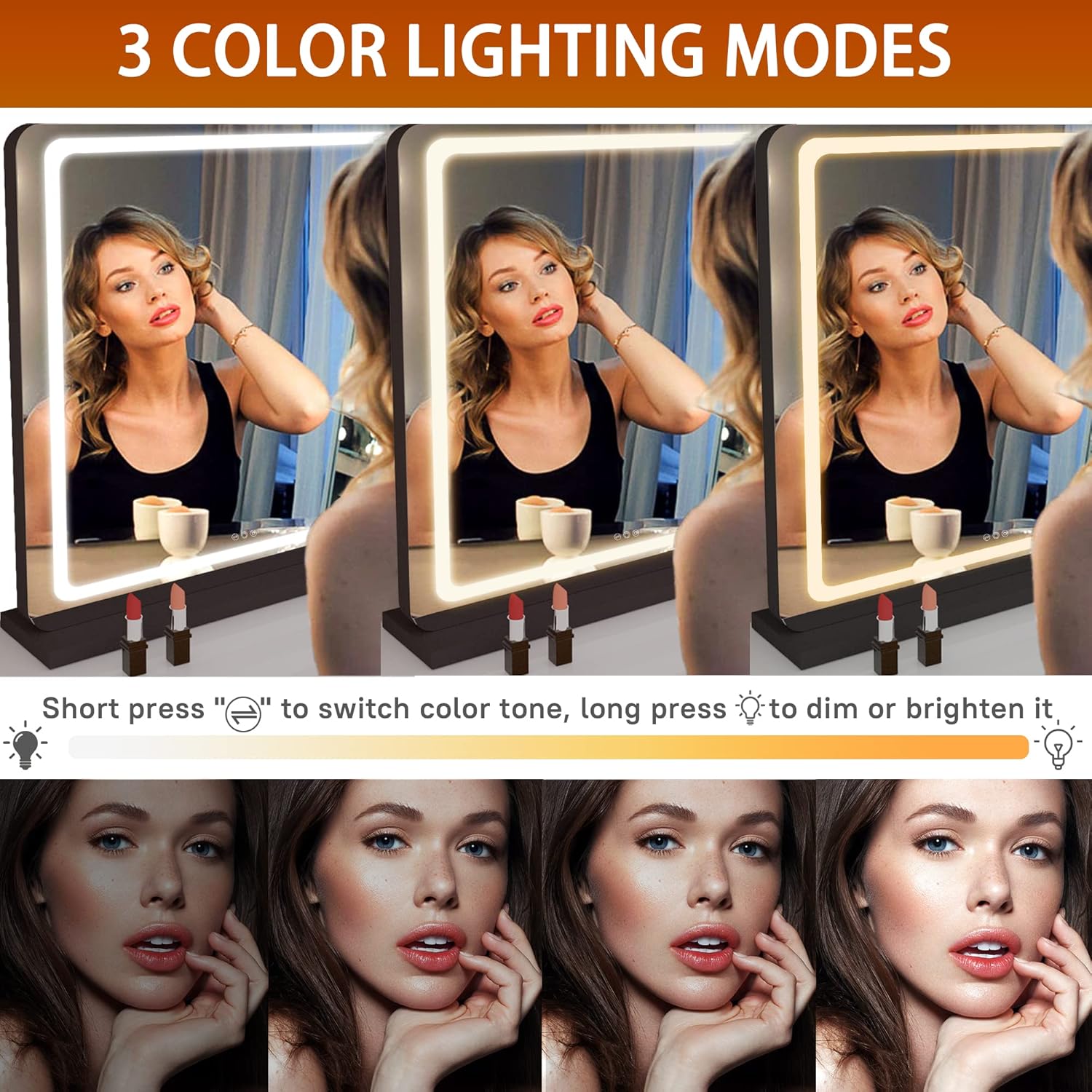 Hasipu Vanity Mirror with Lights, 31.5" x 22" LED Makeup Mirror, Lighted Makeup Mirror with Dimmable 3 Modes, Touch Screen Control Vanity Mirror Round Black