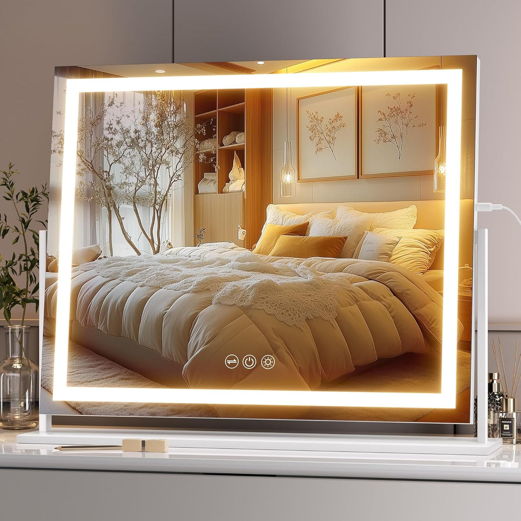 Hasipu Vanity Mirror with Lights, 23.6" x 18.1" LED Makeup Mirror, Light up Mirror with Smart Touch 3 Colors Dimmable, Brightness Adjustment, 360° Rotation (White)
