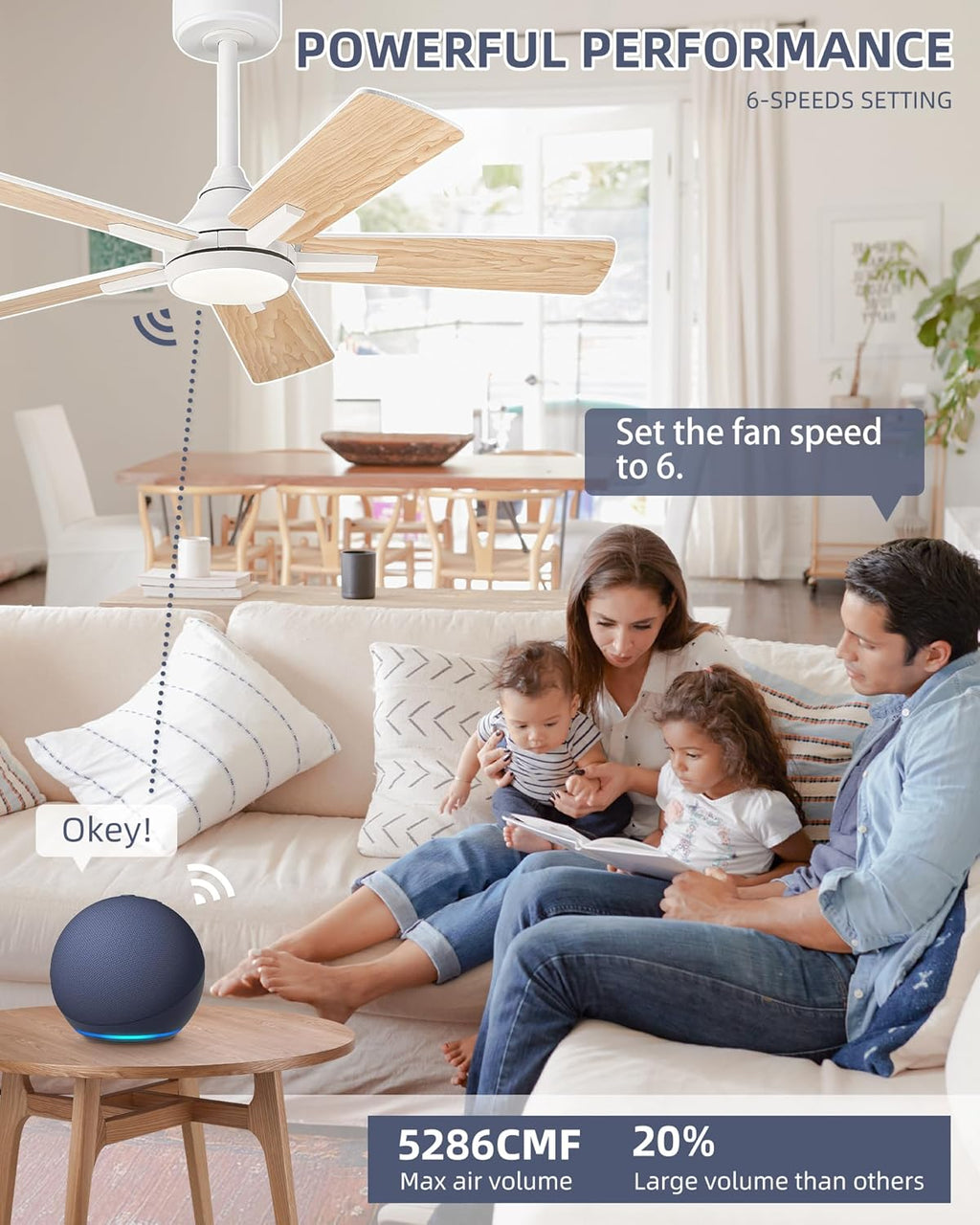 YOUKAIN Ceiling Fans with Lights, 42 Inch White Ceiling Fan, Smart Ceiling Fan Remote & APP Control, Reversible Blades, Modern Outdoor Ceiling Fans for Living Room, Bedroom, 42-YJ812-WH