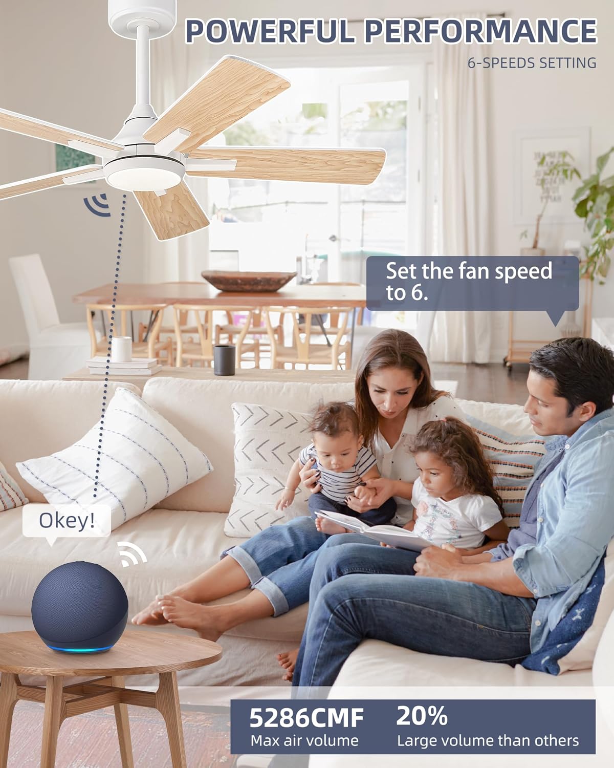 YOUKAIN Ceiling Fans with Lights, 42 Inch White Ceiling Fan, Smart Ceiling Fan Remote & APP Control, Reversible Blades, Modern Outdoor Ceiling Fans for Living Room, Bedroom, 42-YJ812-WH