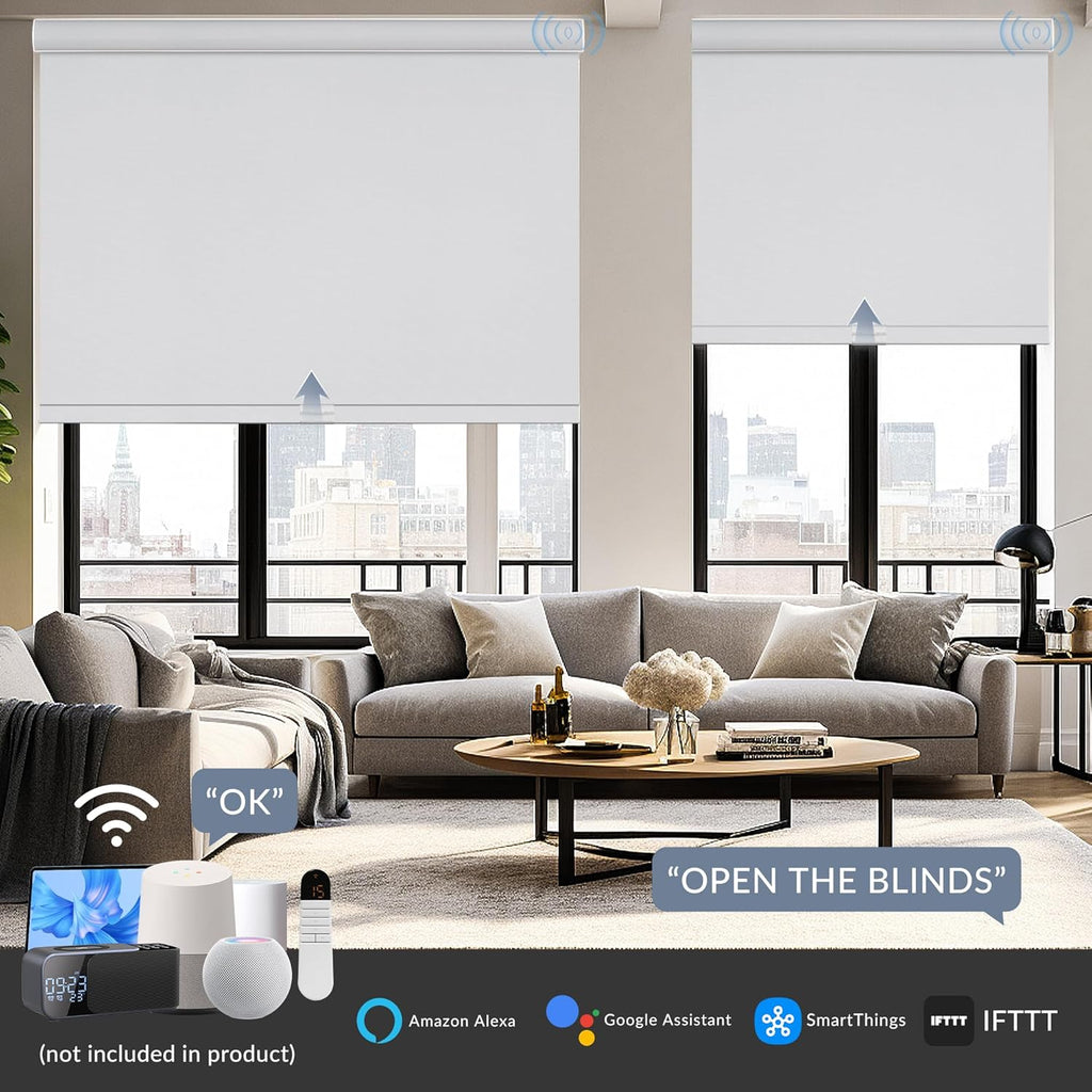 Boolegon Motorized Roller Blinds - 100% Blackout Smart Electric Shades with Remote, Compatible with Alexa/Google Home/HomeKit via Hub, Easy Install for Home Office, White, Custom Size.
