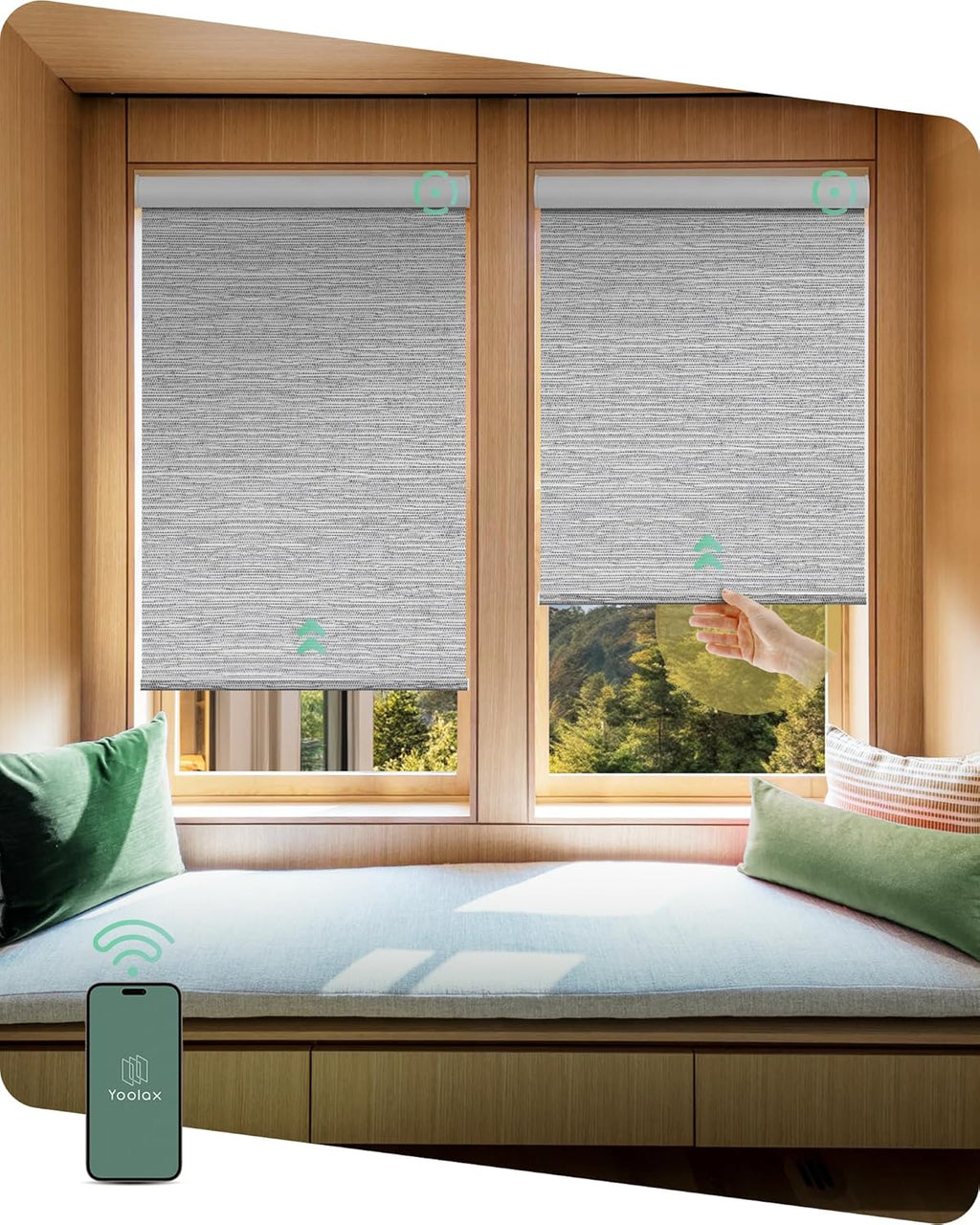 Yoolax Motorized Shades Dual Control, MotionFlex Motorized Roller Shades with App & Manual Control, Pull Down Automatic Shades for Indoor Windows, Custom Size(Blackout Foggy Gray)