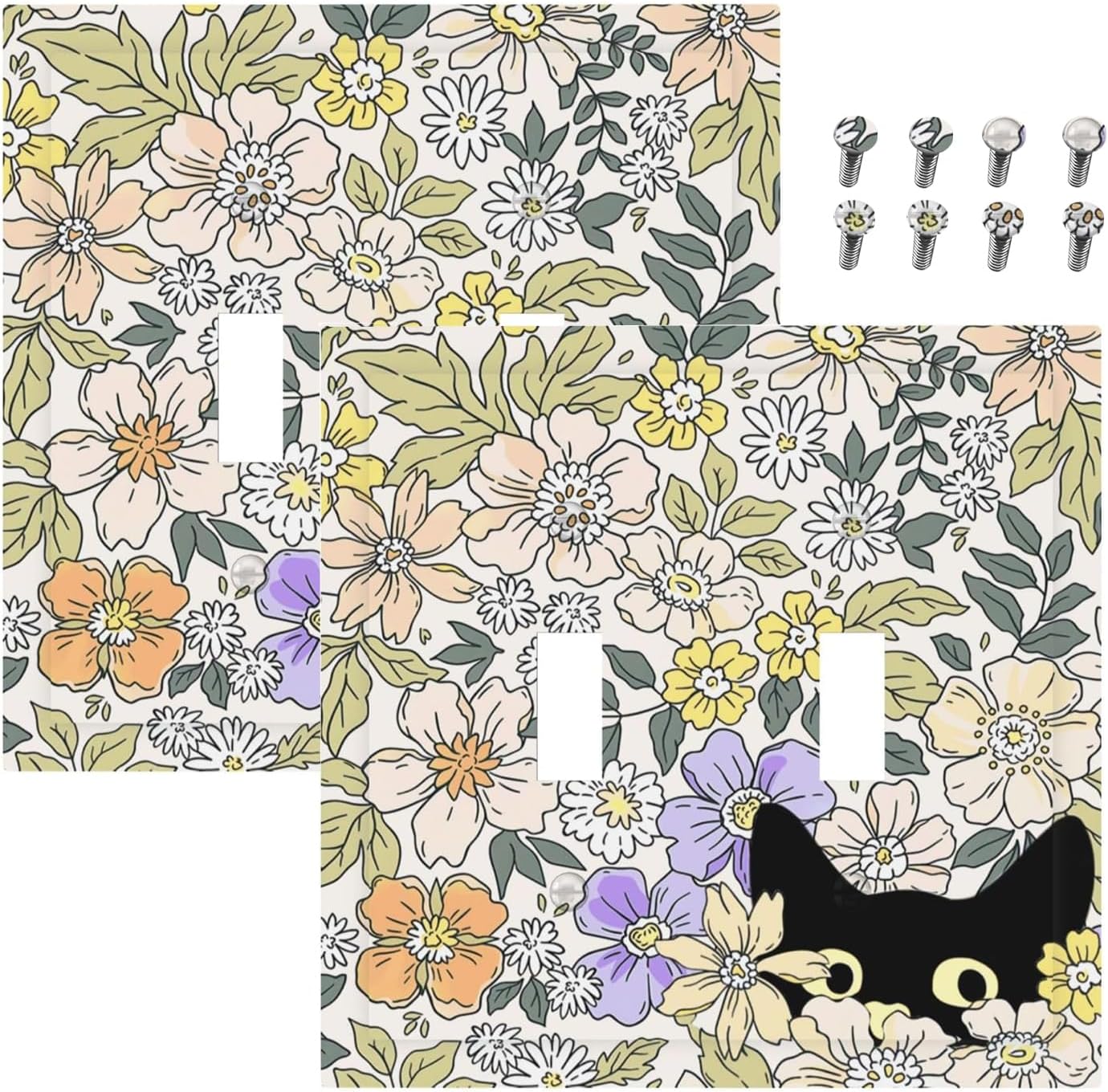 Decorative Light Switch Plate Covers Cute Black Cat in a Flower Patch Botanical Garden 2 Gang Wall Plate Double Toggle Double Light Switch Covers for Bedroom Home Decor （2 Pack）