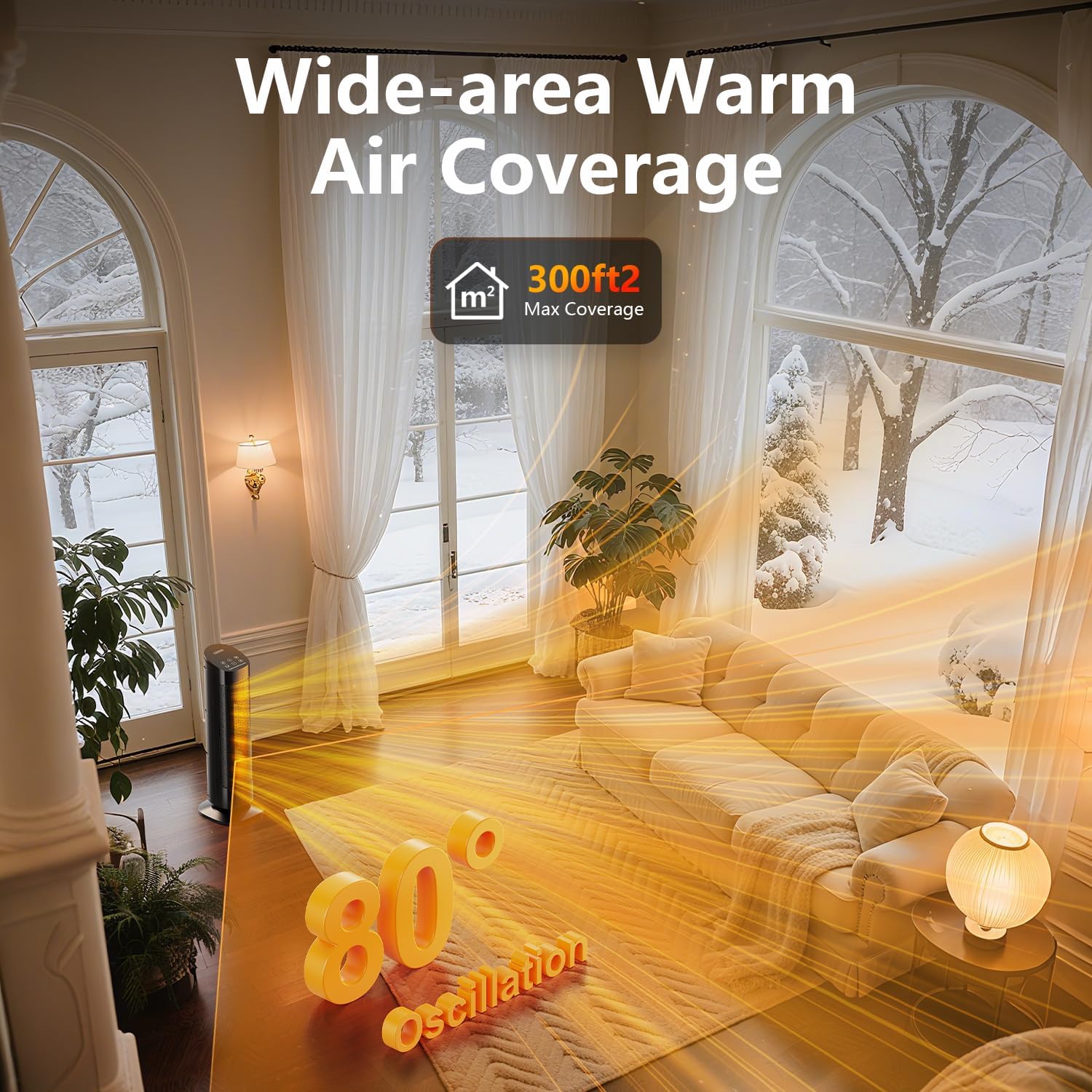 Space Heater Large Room, 23" Space Heaters for Indoor Use, 1500W PTC Ceramic Electric Heater with Thermostat and Remote, 80° Oscillation, 12H Timer, Quiet Portable Heater for Office Bedroom