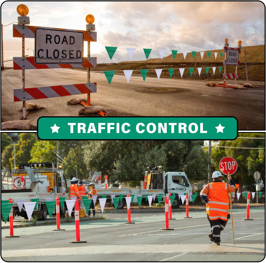 105ft Green and White Pennant Banner Flag, 7"x10" Fluorescent Safety Flagging Banner Warning Flag for Construction Site/Boundary Barrier Signs, Perimeter Marking Flags on String, 45 Flags