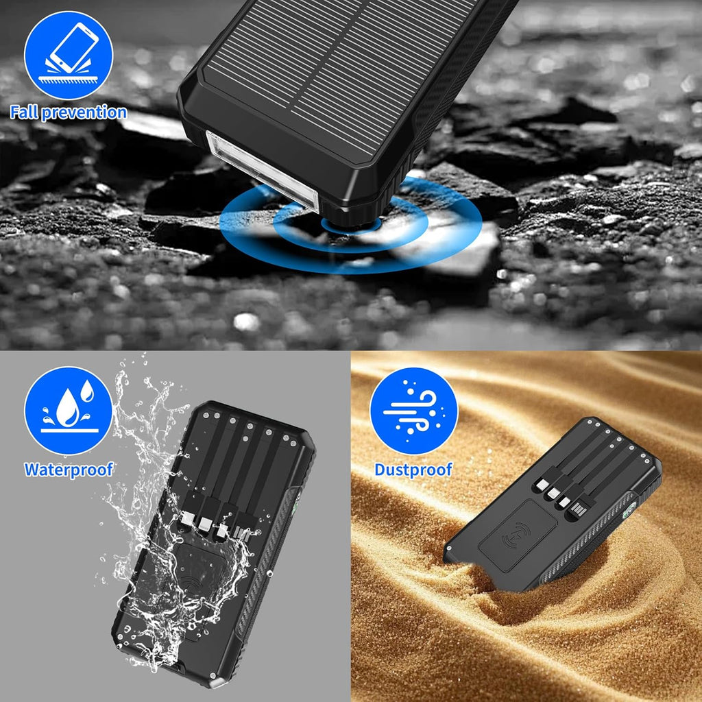Solar Charger Power Bank 49800mAh, Portable Phone Wireless Charging Built-in 4 Cables 22.5W Fast Charging,Type-C Input/Output Port Solar Panel Charger with Flashlights&Compass for Camping（Black