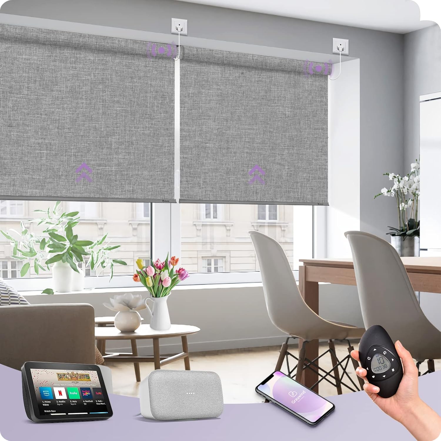 Graywind Motorized Shades 100% Blackout Compatible with Alexa Google WiFi Smart Hardwired Window Shade Remote Control Thermal Insulated Electric Blinds, Customized Size (Light Gray)