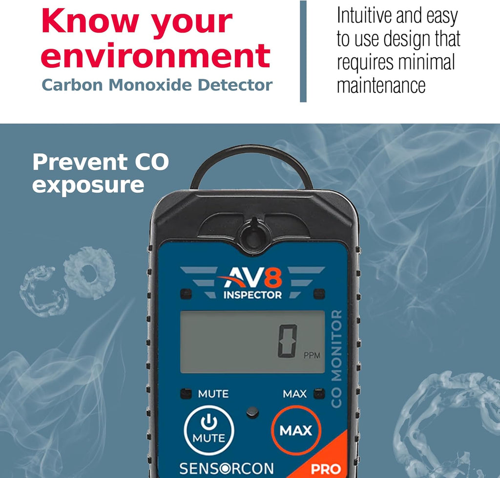 AV8 Inspector Pro Portable Carbon Monoxide Detectors for Aviation – Professional-Grade Carbon Monoxide Monitor with Visual, Audio and Vibration Alarms