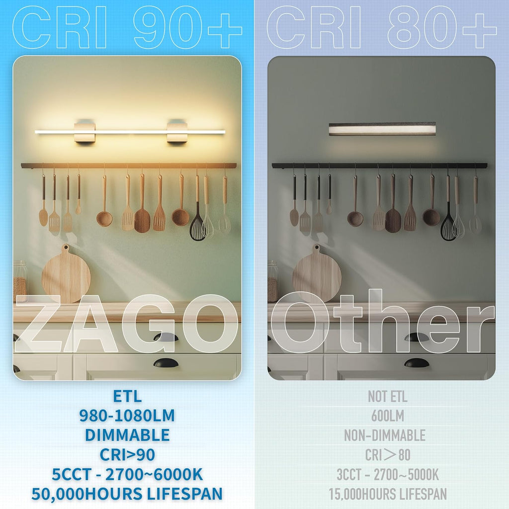 ZAGO 24 Inch Bathroom Linear Vanity Light Fixtures Over Mirror - LED Modern Wall Mounted Adjustable Hardwired Picture Lighting Bar with 5CCT Switchable, ETL & Damp Rated, Brushed Nickel, 2 Packs
