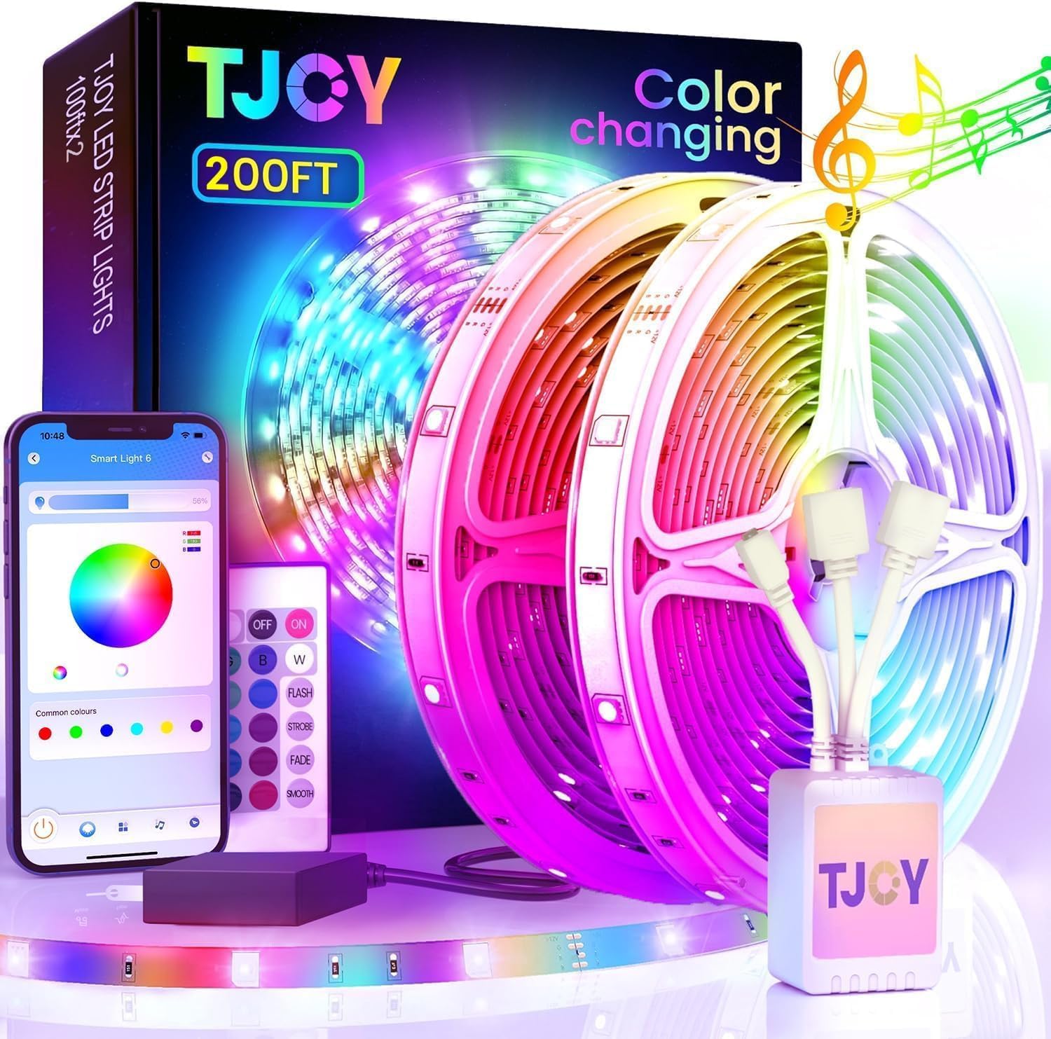 TJOY 200ft Bluetooth LED Strip Lights, Long Strip Lighting Music Sync, RGB Color Changing LED Lights for Bedroom with Remote,Smart Phone APP Control, Ceiling Living Room Decor (APP+Remote+Mic/2 Roll)