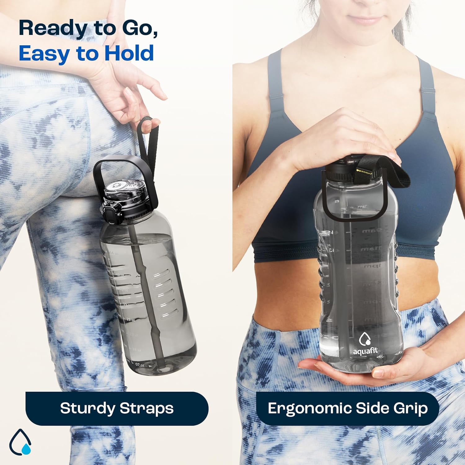 AQUAFIT 64 oz Water Bottle with Time Marker - 2in1 Straw & Chug Lid - BPA Free Big Water Bottle with Straw - Gym Water Bottle with Strap - Water Jug (64 Ounces, Nebula)
