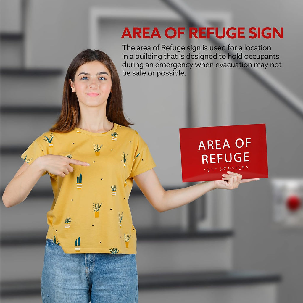 6" X4" Area of Refuge Sign - ADA Compliant Tactile Graphics Grade 2 Braille Text | Wall Mount Plastic Signs for Shopping Malls, Offices, Hotels, Schools, Apartments & Restaurants