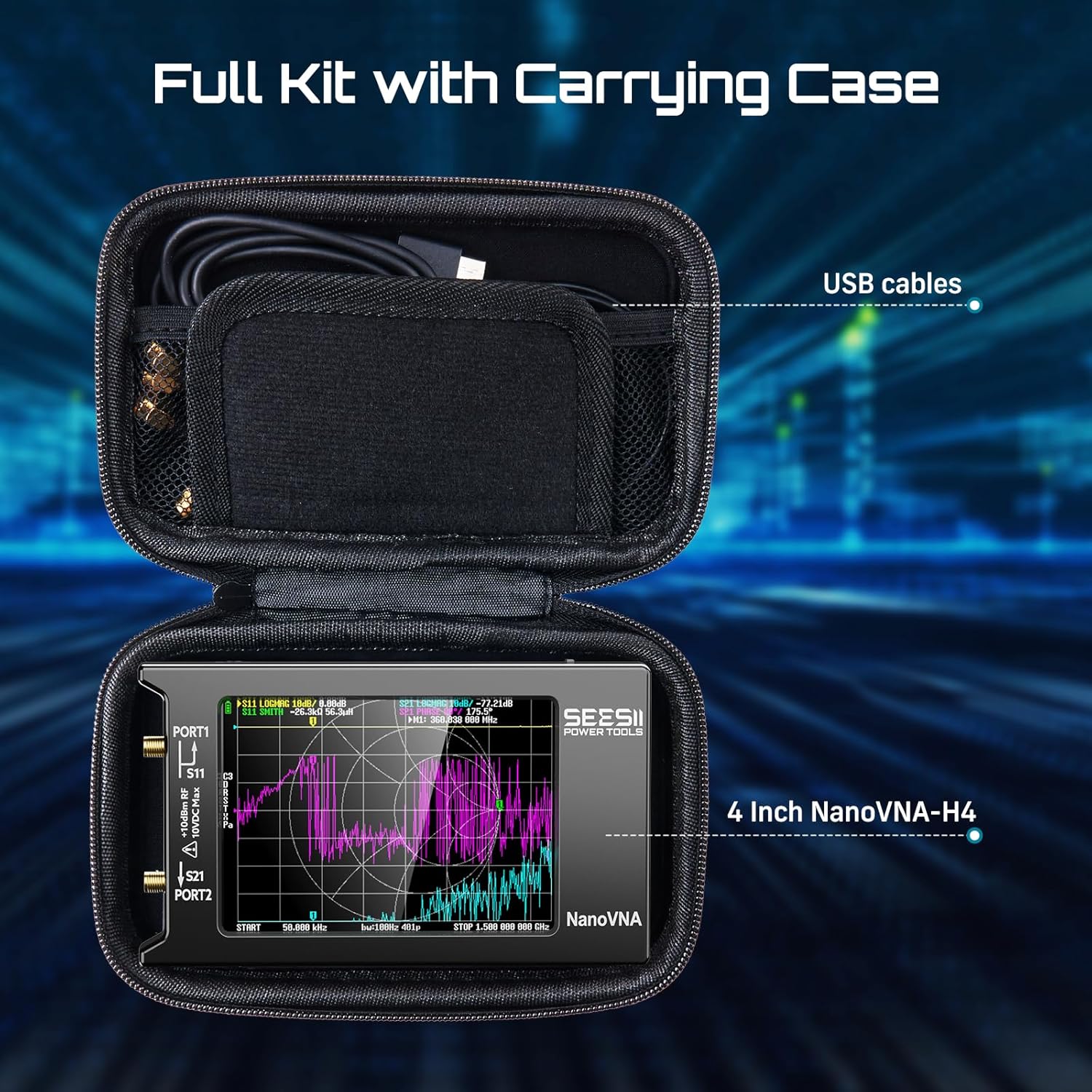 SEESII NanoVNA-H4 Vector Network Analyzer V4.4 9KHz-1.5GHz with 4" Touch Screen and EVA Hard Shell Protective Storage Case for Antenna Analyzer, Waterproof Shockproof with Carry Strap