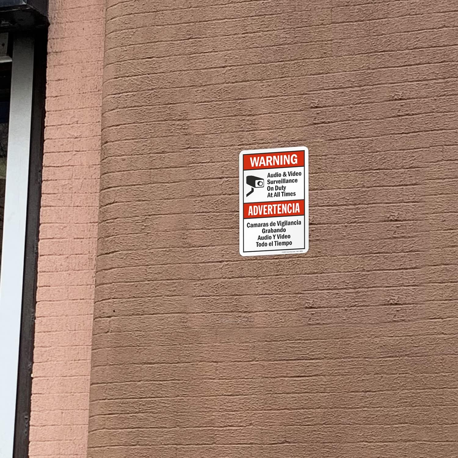 SmartSign 10 x 7 inch “Warning - Audio & Video Surveillance On Duty At All Times” Bilingual Sticker Label, 3 mil Laminated Adhesive Polyester, Red, Black and White, Made in USA