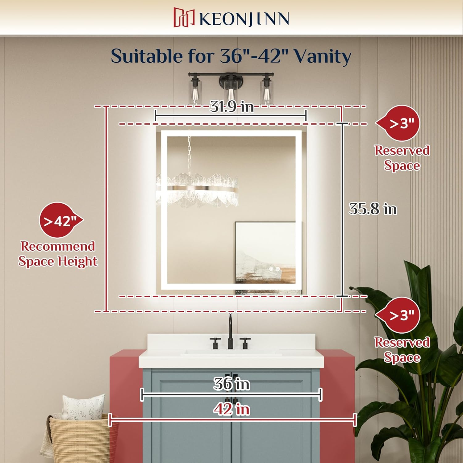Keonjinn 32 x 36 Inch LED Bathroom Mirror with Frontlit & Backlit, Anti-Fog Mirror with Lights, Stepless Dimming, 3-Color Temperature, HD Tempered Glass Wall Mirror for Modern Bathroom