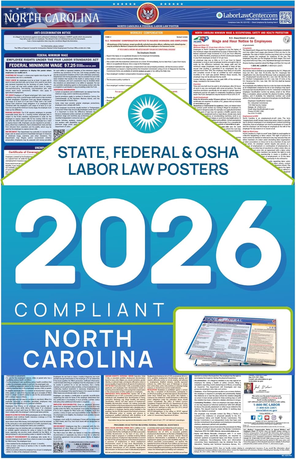 North Carolina 2026 Labor Law Poster – State & Federal Employment Compliance – OSHA, EEOC, FMLA, Minimum Wage– Premium Paper Workplace Poster – Folded & Unlaminated – Envelope Packed – 26” x 39.5”