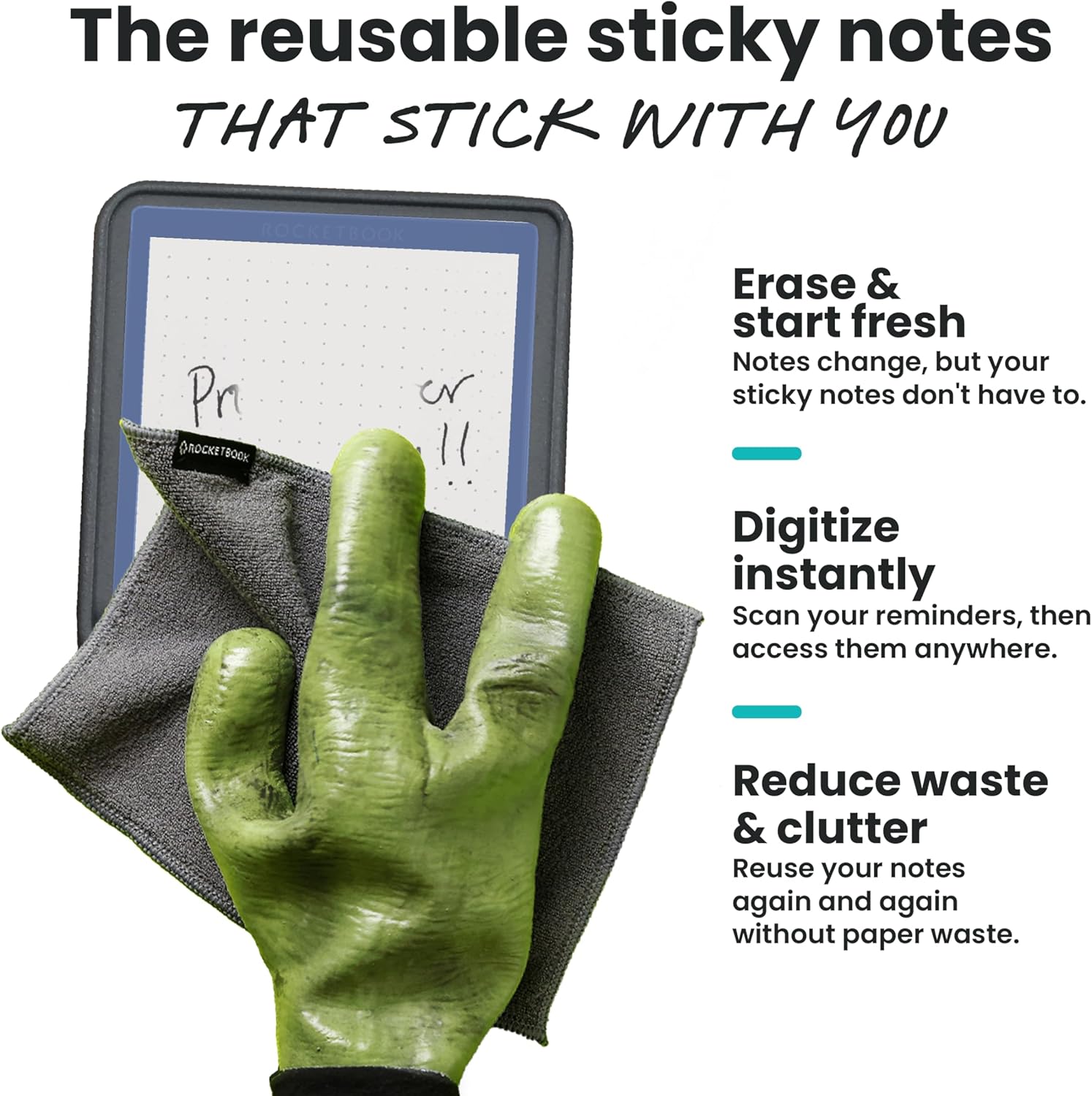 Rocketbook Reusable Sticky Notes, Restick and Reorganize Memo Pads, 3"x3", 16 Multi-Colored and 15 Black Sticky Notes, Includes Pen, Towel + Carrying Case (Kit of 2)