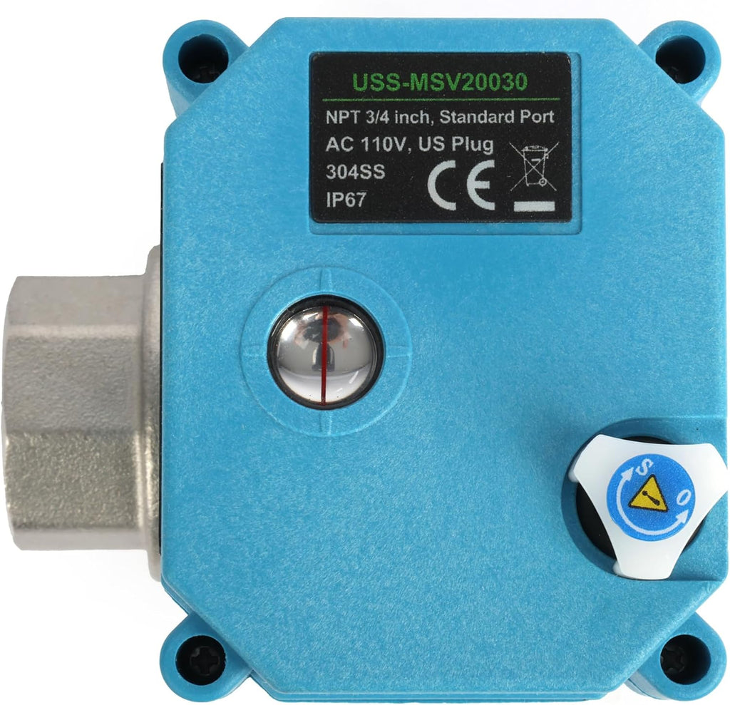 U.S. Solid 3/4 inch NPT 304 Stainless Steel Motorized Ball Valve - Plastic Electrical Ball Valve, 2 Wire Auto Return, AC 110~230V, Normally Closed, IP67, NSF Certified