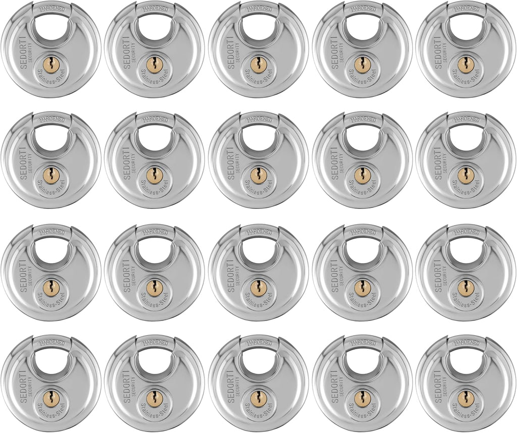 20-Pack Discus Padlocks Keyed Alike, 2-3/4 inch Wide, Stainless Steel 304 Round Lock, Waterproof and Rustproof Storage Lock with Brass Keys, Ideal for Storage Unit Gate, Outdoor, Shed, Fence