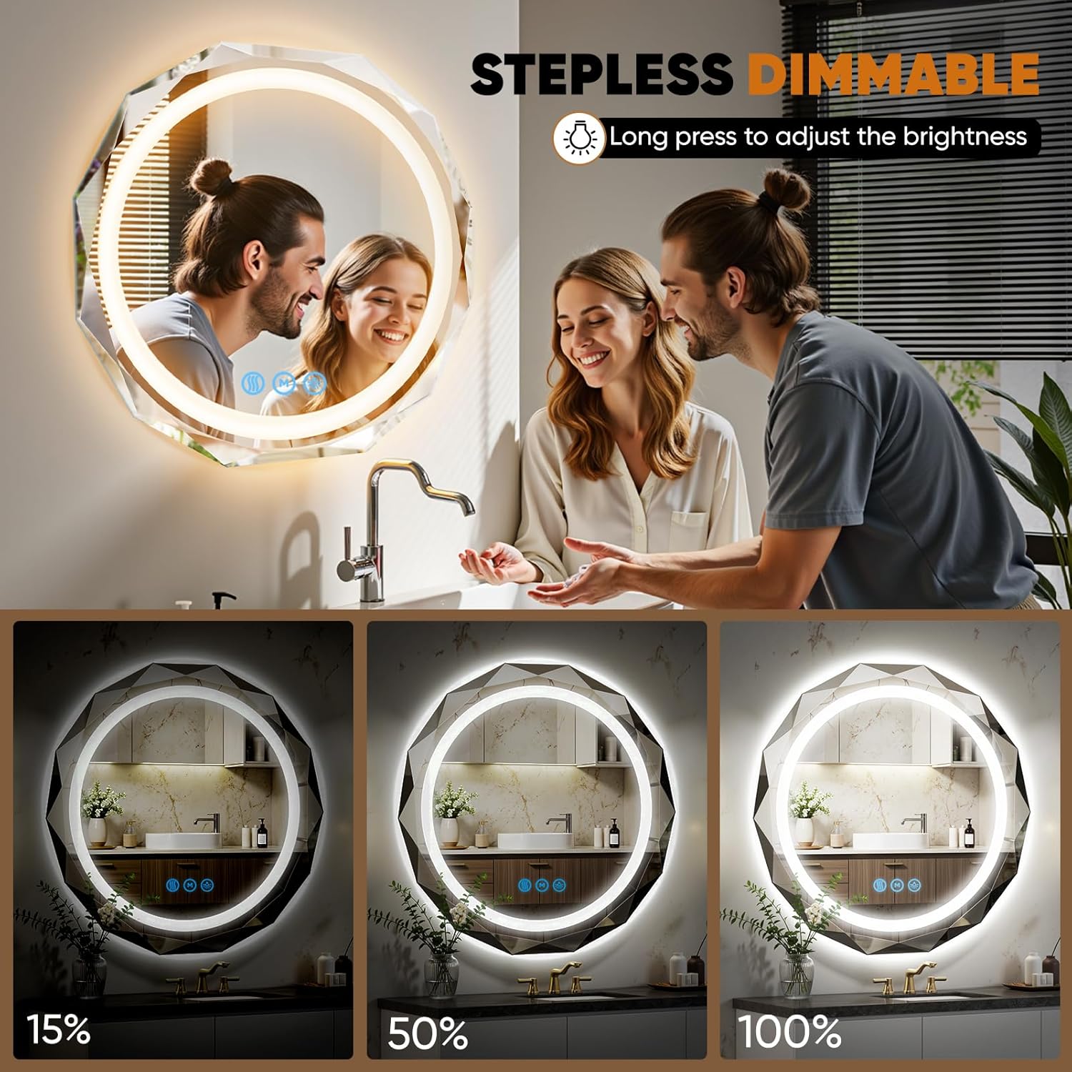 32 Inch Round LED Bathroom Mirror with Lights, Frameless Vanity LED Mirror for Bathroom with Beveled Edge, Backlit Anti-Fog, Dimmable, 3 Colors, Memory Function, Tempered Glass, Shatter-Proof