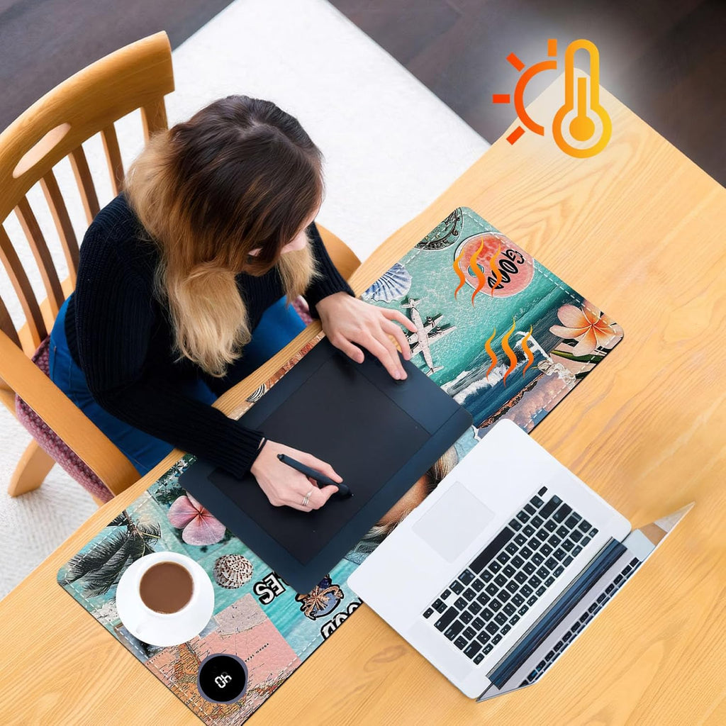 Heated Mouse Pad 31.5x13 in 3-Temp Fast Heating Desk Mat with Auto Timer Warmer for Hands Wrist Pain Relief Waterproof Keyboard Mat for Office, Gaming, Home, Beach Vibes Beauty