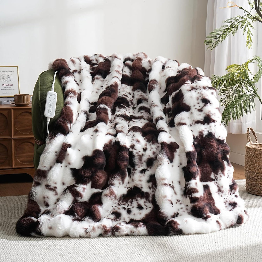 Cow Print Heating Throw Blankets Luxurious Western Soft Bubble Faux Rabbit Fur 8 Heat Settings Overheat Protection Quick Heating Electric Heated Blanket 50"x60"(Brown)