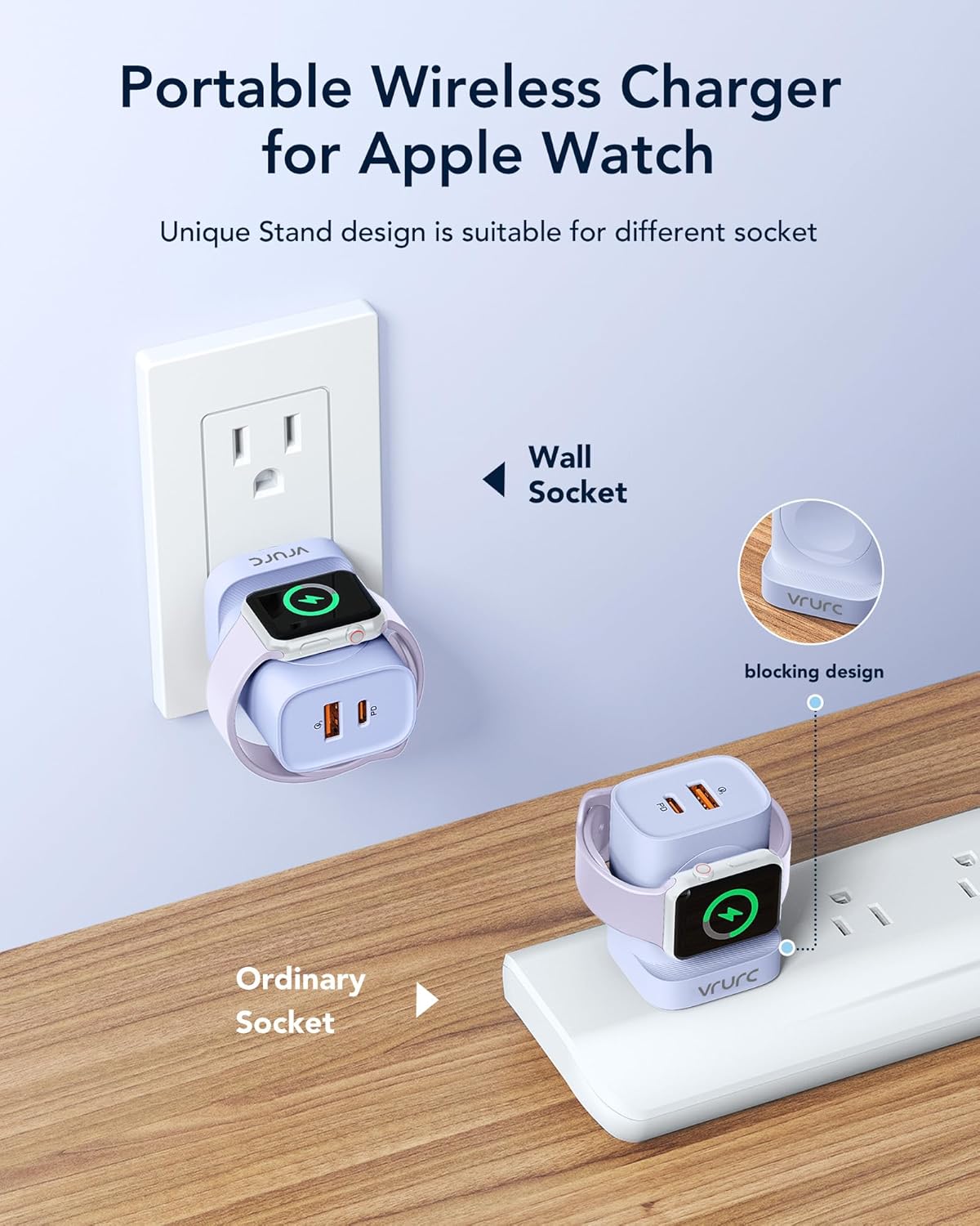 VRURC Charger for iPhone & Apple Watch, 20W USB C Fast Charging Block, 3-in-1 Compact Travel Adapter with 2 Port for iPhone 17/16/15/14/13, Wireless Magnetic for iWatch SE/11/10/9/8/7/6/5/4-Purple